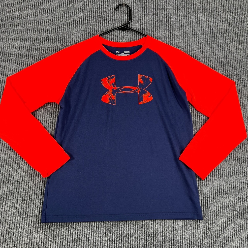 Under Armour Shirt Youth Boys Large Blue Long Sleeve Heat Gear Loose Fit Active